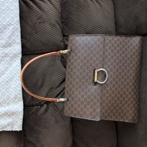 Vintage Celine Macadam Brown Patterned Handbag with Gold Accents